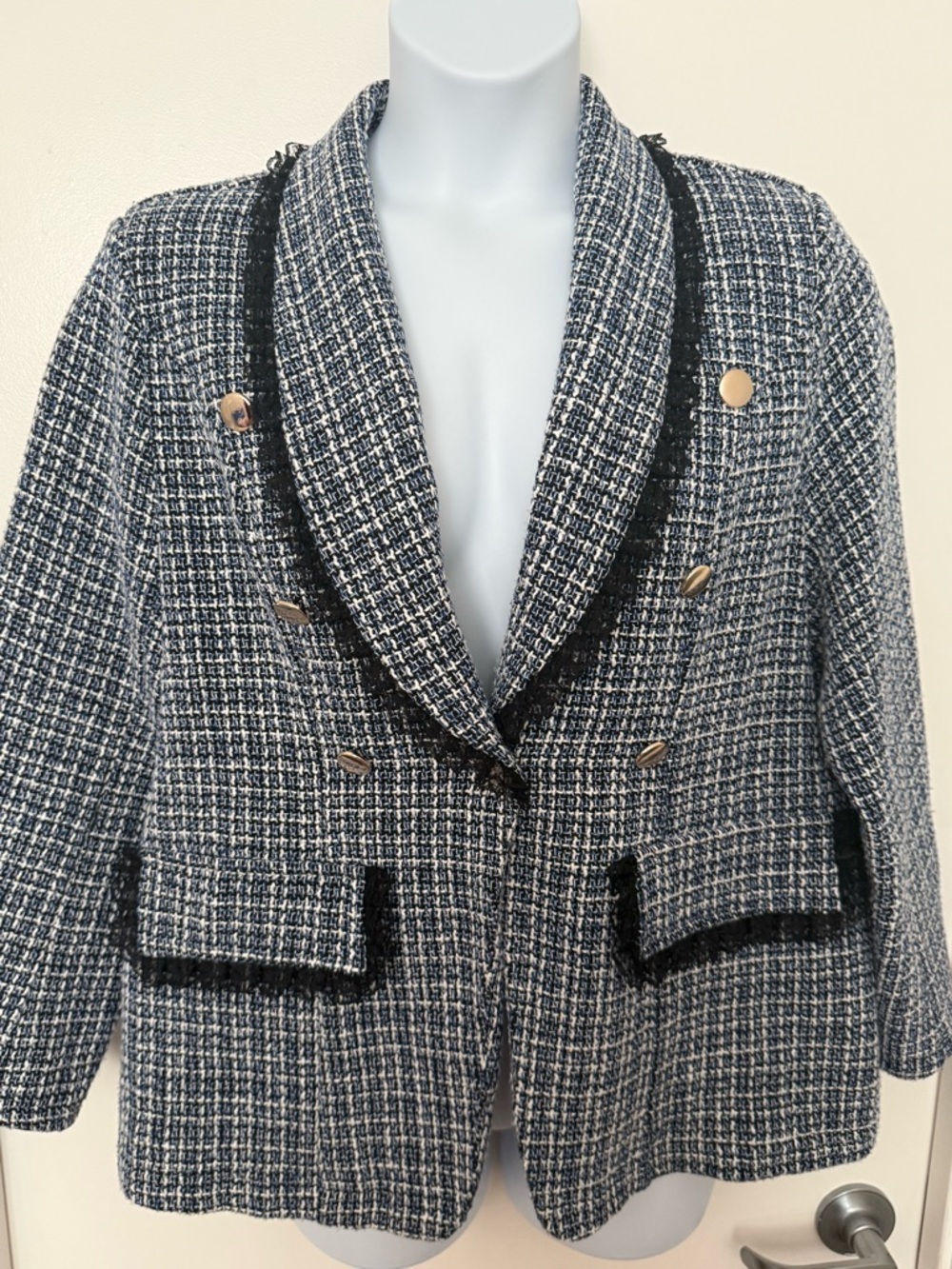 SHEIN Navy and White Tweed Double-Breasted Blazer